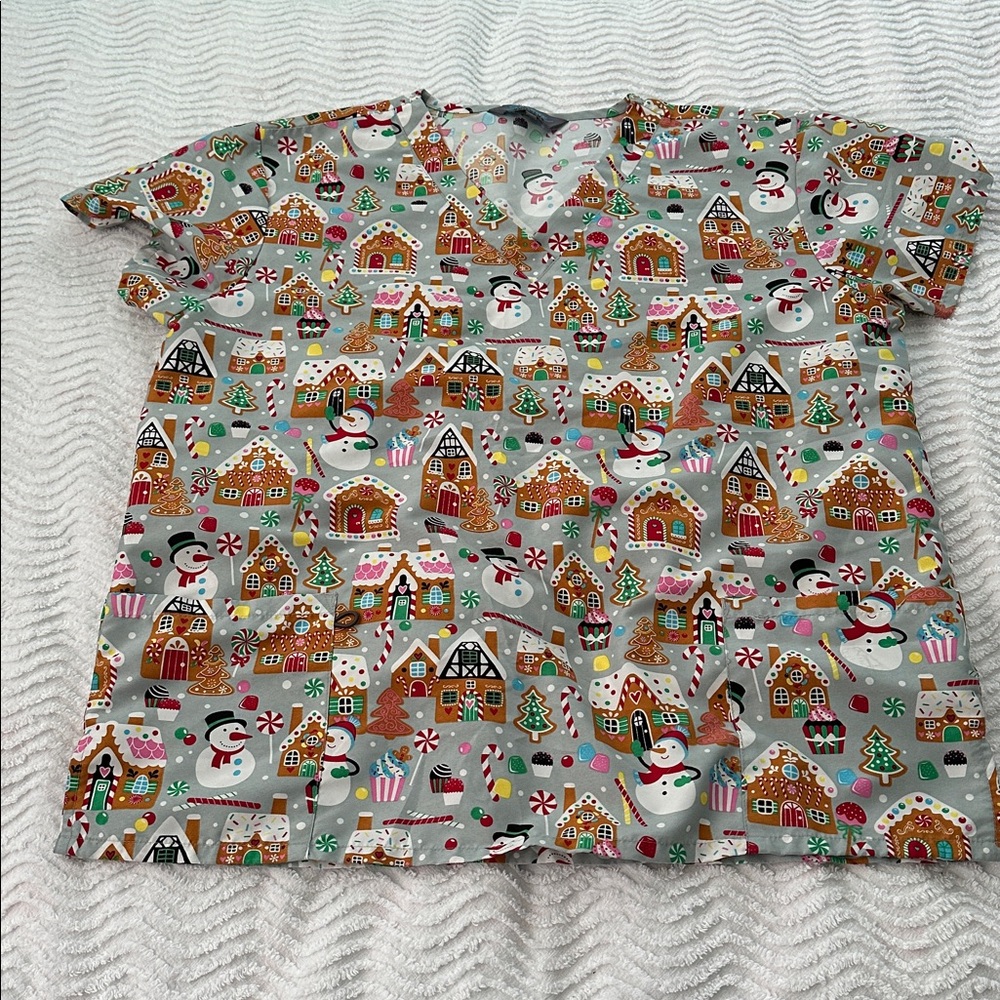 Holiday Print Women's Short Sleeve Top. Super soft Scrub.